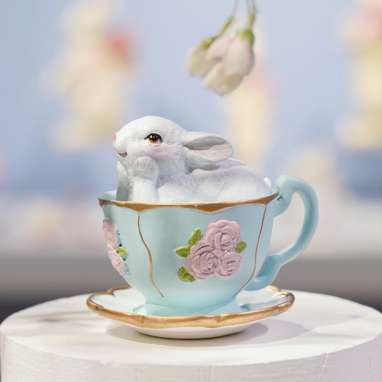 Easter Bunny Decorations Rabbit-Figurine Easter-Gift - Spring Bunny Statues Table Centerpieces Rabbits in Blue Cup Rabbits Sulpture for Indoor Home Farmhouse Decor 3.25*2.75*3 inch Newman House Studio